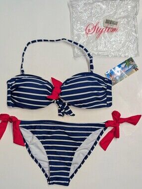 NWT STYLISH Nautical Striped Bikini White Blue Red Bow Low Rise Swimsuit Lg&Med